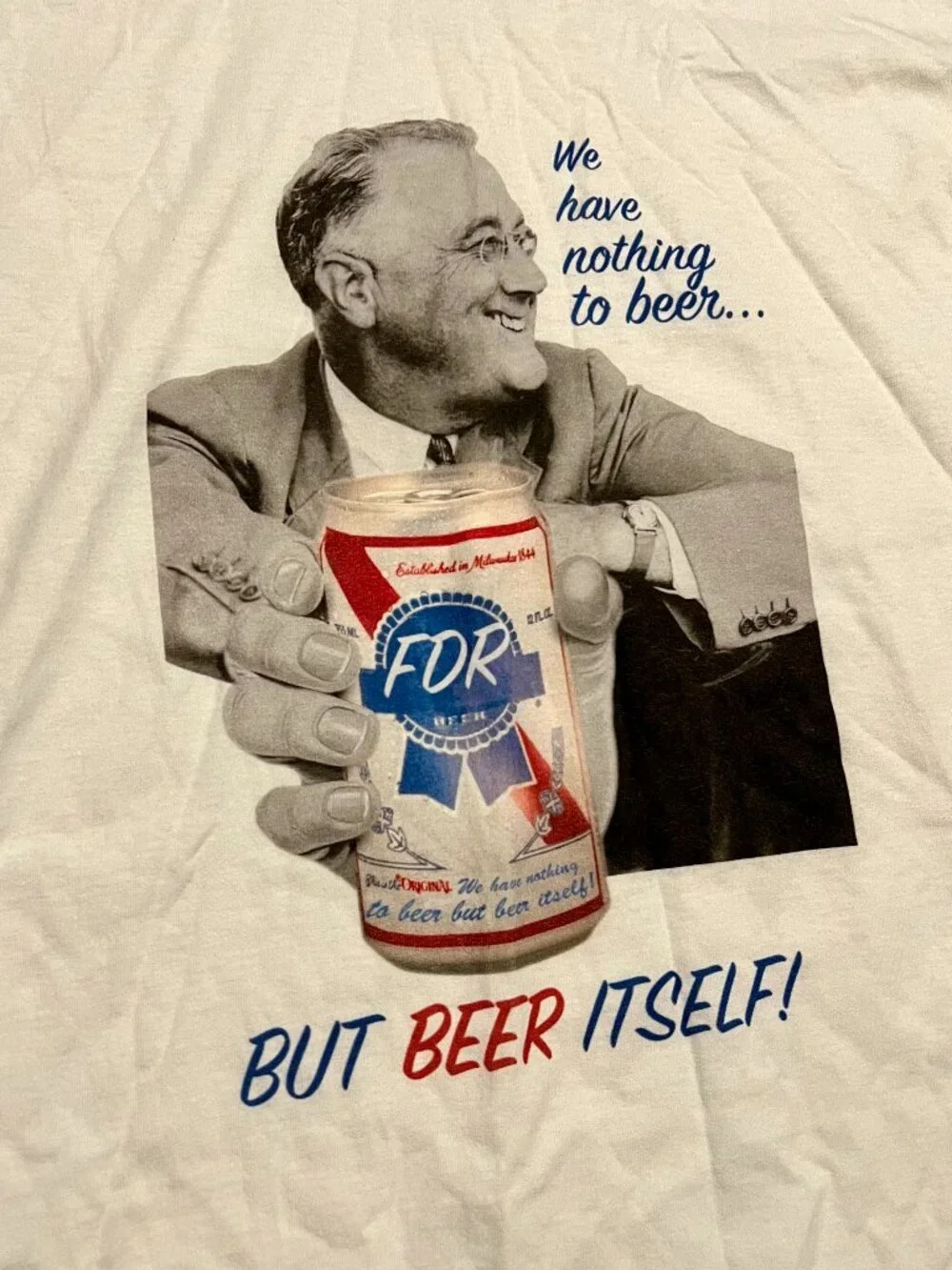 FDR "Beer Itself" Pabst Blue Ribbon Champion White Graphic T-Shirt, Men's Large - Picture 2 of 6